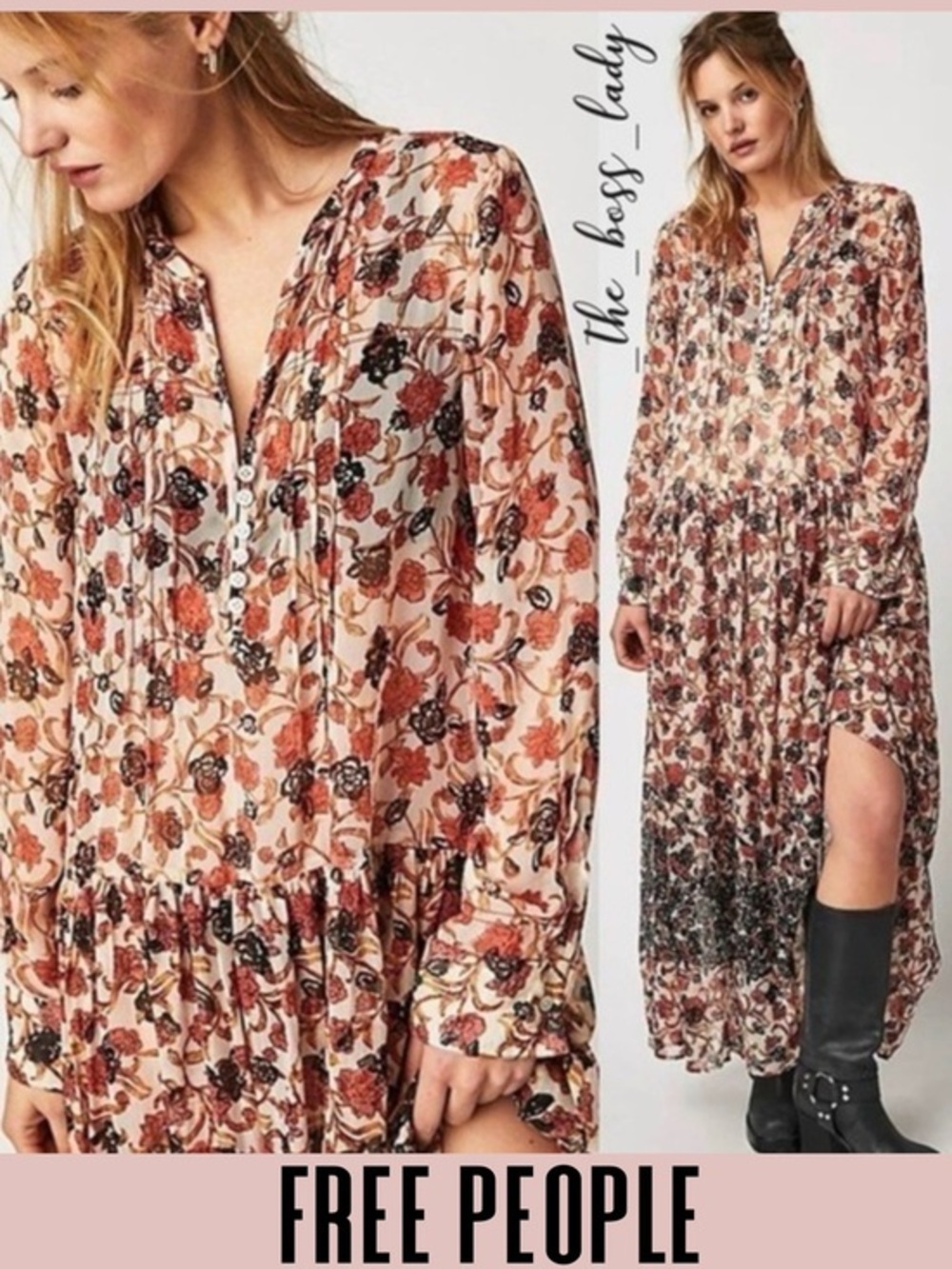 Free People dress maxi floral sheer boho beach ruffles fall